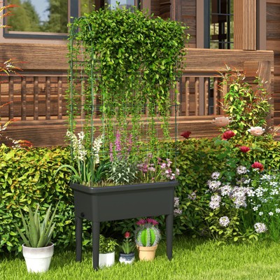 Black and Green Raised Garden Bed with Trellis and Self-Watering Planter