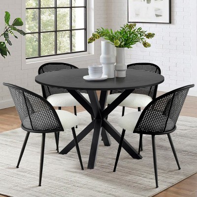 5-Piece Black Round Dining Table Set for 4, Bouclé Fabric Black Mesh Rattan Backrest Dining Chair Set Of 4, Dining Room Furniture-Maison Boucle