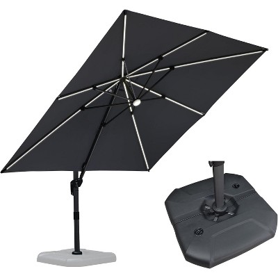 PURPLE LEAF 10x10 Ft Cantilever Umbrella Square Solar Powered LED Outdoor Patio Umbrella with 360°Rotation Adjustable With Base