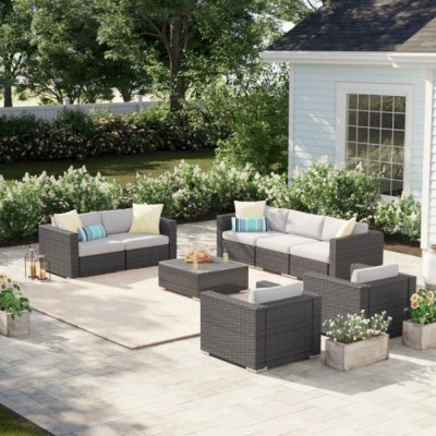 Outdoor Wicker Patio Conversation Set with Cushions, Modular Sectional Sofa and Coffee Table for Deck, Porch, or Backyard–The Pop Home