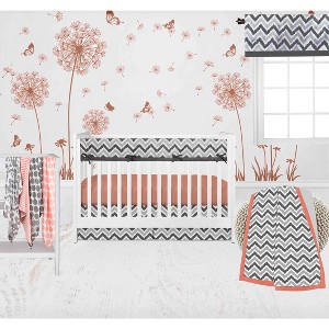 Bacati - Ikat Dots Stripes Coral Gray 10 pc Crib Set with Long Rail Guard Cover & 4 Muslin Swaddling Blankets - 1 of 4