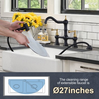 Black and Gold Double Handle Bridge Kitchen Faucet with Side Sprayer
