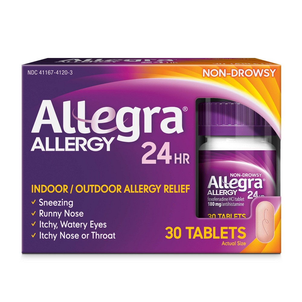 Allegra 24 Hour Allergy Relief Tablets - Fexofenadine Hydrochloride - 30ct For your worst allergy symptoms, nothing works faster or stronger* than Allegra 24-Hour Adult Non-Drowsy Antihistamine Tablets. Allegra Tablets start working in one hour to give you round-the-clock relief from sneezing, runny nose, itchy and watery eyes, and itchy nose or throat. One pill is all you need for 24-hour relief. Formulated with active ingredient fexofenadine, Allegra Non-Drowsy Allergy Medicine provides powerful relief from indoor and outdoor allergies, including seasonal allergies and pet allergies. Be ready for spring allergies, fall allergies, dog allergies and more. Stock up on Allegra 24-Hour Non-Drowsy Tablets for fast*, effective allergy relief. With 30 tablets included, you get one month of allergy relief with a single purchase. *Starts working in one hour; applies to first dose only. Among single-ingredient branded OTC oral antihistamines. Size: 30 Count.