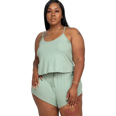 Slickblue Plus Size Ribbed Strappy Top and Shorts Set - Drawstring Waist, Stretchy Knit, Taupe/Green Bay, Size 1XL-3XL