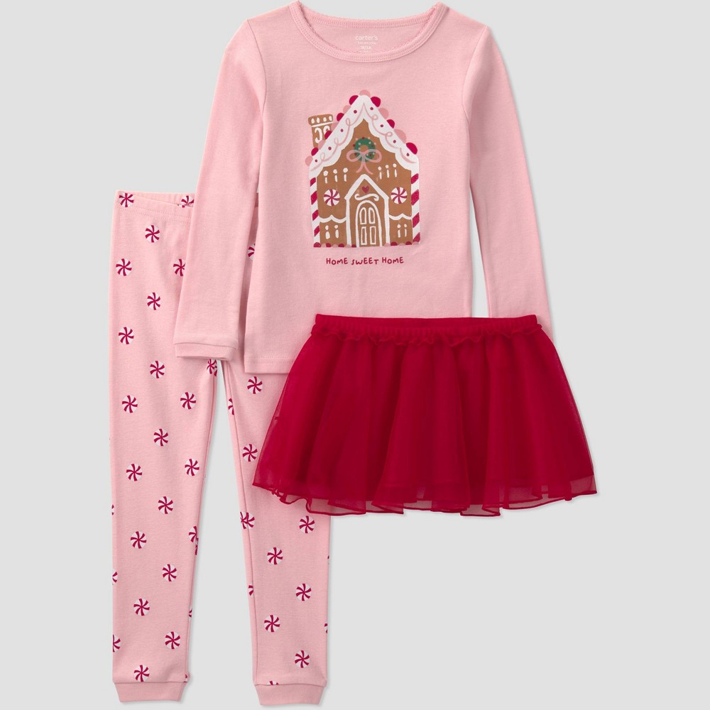 Carter's Just One You® Toddler Girls' Holiday 3pc Long Sleeve Cotton Snug Fit with Tutu Gingerbread House Pajama Set - Pink 2T