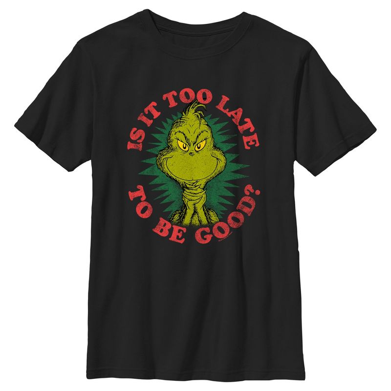 Boy's Dr. Seuss Christmas The Grinch Is it too Late T-Shirt, 1 of 6