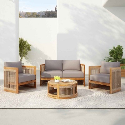 4 PCS Patio Seating Set, Curved Tub Design Chairs and Loveseat with Woven Rope Accents, Acacia Wood Chairs with Polyester Cushion-Coolbibila