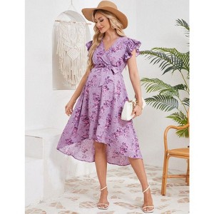 Coolmee Women's Maternity V Neck Ruffle Short Sleeve Wrap Dress Casual Flowy Nursing Breastfeeding Midi Dress with Belted - 1 of 4
