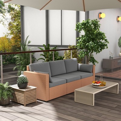 Maggift Patio Accent Chairs, Outdoor 3 Seater Patio Rattan Sofa with Furniture Cover and Anti-Slip Mat for Terrace, Poolside, Brown,