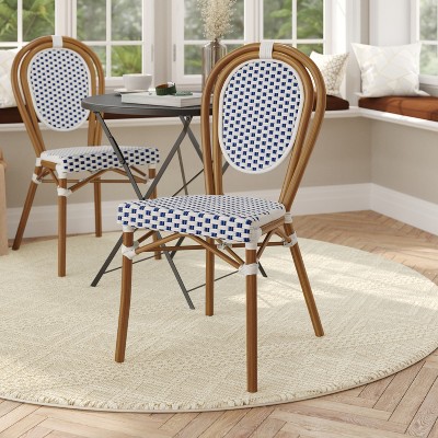 White and Navy Rattan Bistro Chair with Aluminum Frame