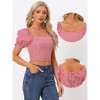 Allegra K Women's Bubble Sleeve Peasant Gingham Plaid Smocked Crop Top - 2 of 4
