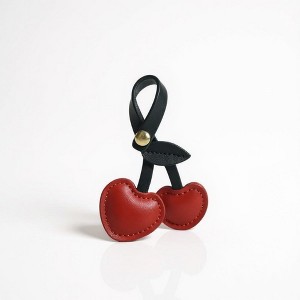 Anna-Kaci Faux Leather Cherry Heart Keychain with Black Leaf Strap and Gold Rivet Detail - Red - 1 of 4