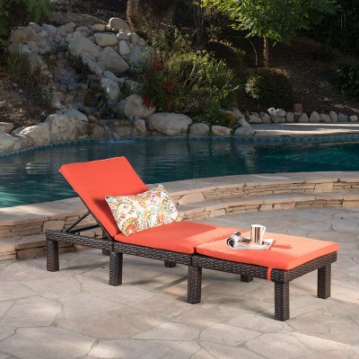 Multibrown and Orange Wicker Armless Adjustable Chaise Lounge with Cushions