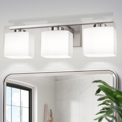 YANSUN 22 in. 3 Light Nickel Modern Square Vanity Light for Bathroom, Bedroom, Hallway with Milk White Glass Shades