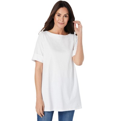 Woman Within Plus Size Perfect Cuffed Elbow-Sleeve Boat-Neck Tee
