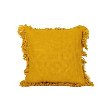18x18 Inch Hand Woven Fringed Throw Pillow Mustard Cotton With Polyester Fill by Foreside Home & Garden