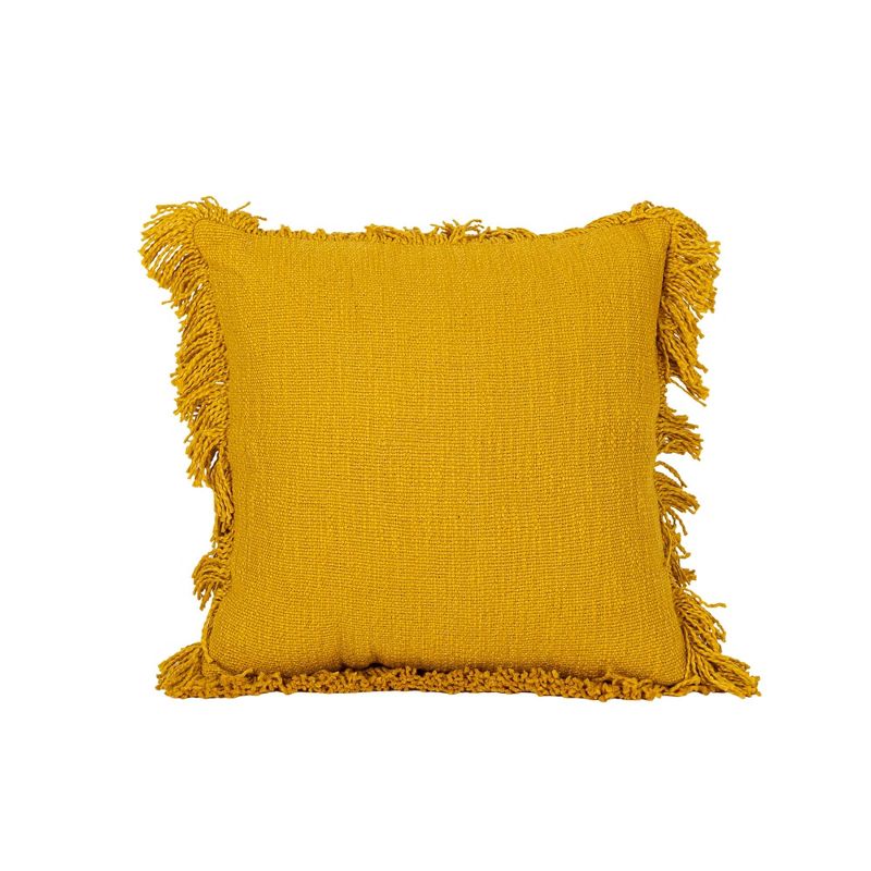 18x18 Inch Hand Woven Fringed Throw Pillow Mustard Cotton With Polyester Fill by Foreside Home & Garden, 1 of 8