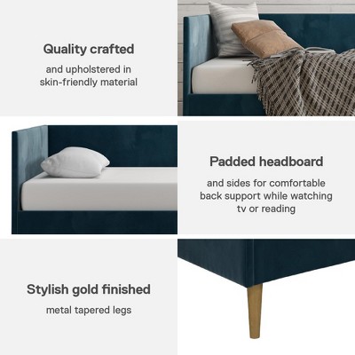 Twin Blue Velvet Upholstered Daybed with Wooden Slats