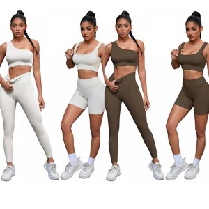 INSPIRE CHIC 2 Sets Women's Exercise Yoga Outfits Scoop Neck Seamless Ribbed Shorts High Waist Shapers - 1 of 4