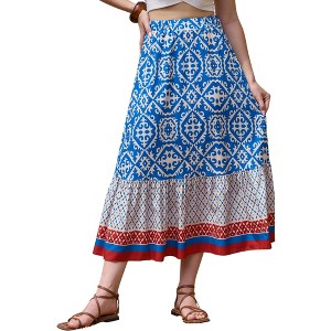 INSPIRE CHIC Women's Boho High Waist Vacation Color Block A-Line Maxi Skirts - 1 of 4