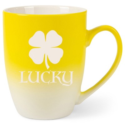 100 North Four Leaf Clover 10 Ounce Yellow and White Two Toned Ombre, Comfortably Fits Your Hands, Ceramic Tea Coffee Cup Mug, Lucky