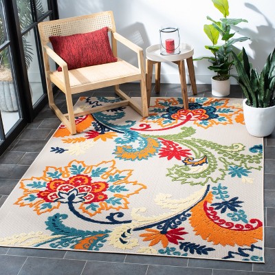 Ivory and Blue Floral Synthetic Indoor/Outdoor Rug