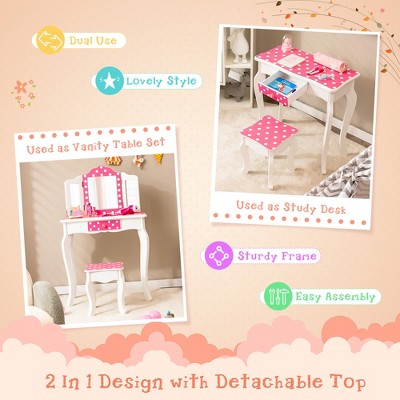 Pink Polka Dot Kids Vanity Set with Tri-Folding Mirror and Stool