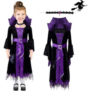 Halloween Witch Costumes for Girls, Kids Halloween Dress Up with Neck Accessories for Party, Role-Playing, Gothic Theme Parties,Carnival Cosplay - 1 of 4