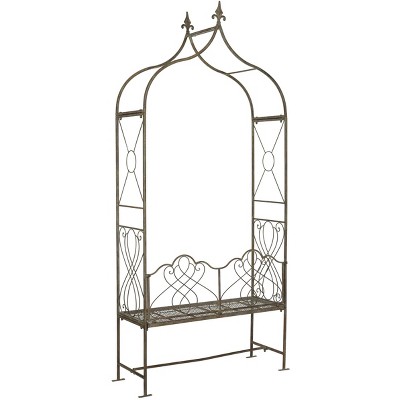 Gold Iron Outdoor Garden Arbor Bench with Scrollwork