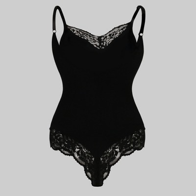 Womens Sleeveless V Neck Spaghetti Lace Trim Bodysuit