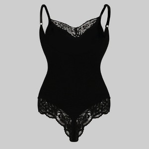 Womens Sleeveless V Neck Spaghetti Lace Trim Bodysuit - 1 of 3