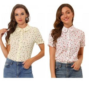 INSPIRE CHIC Women's Peter Pan Frilled Short Sleeve Floral Cotton Top 2 Packs - 1 of 4