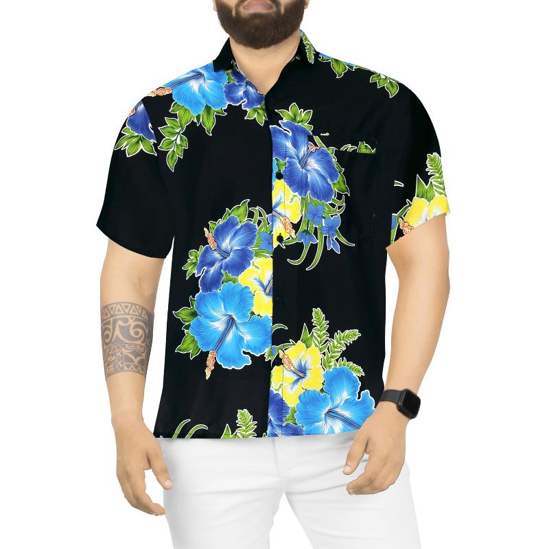 LA LEELA Mens Hawaiian Shirts Short Sleeve Button Down Shirt Floral Shirt Men Boho Vacation Casual Summer Beach Shirts for Men Funny M Blue, Floral
