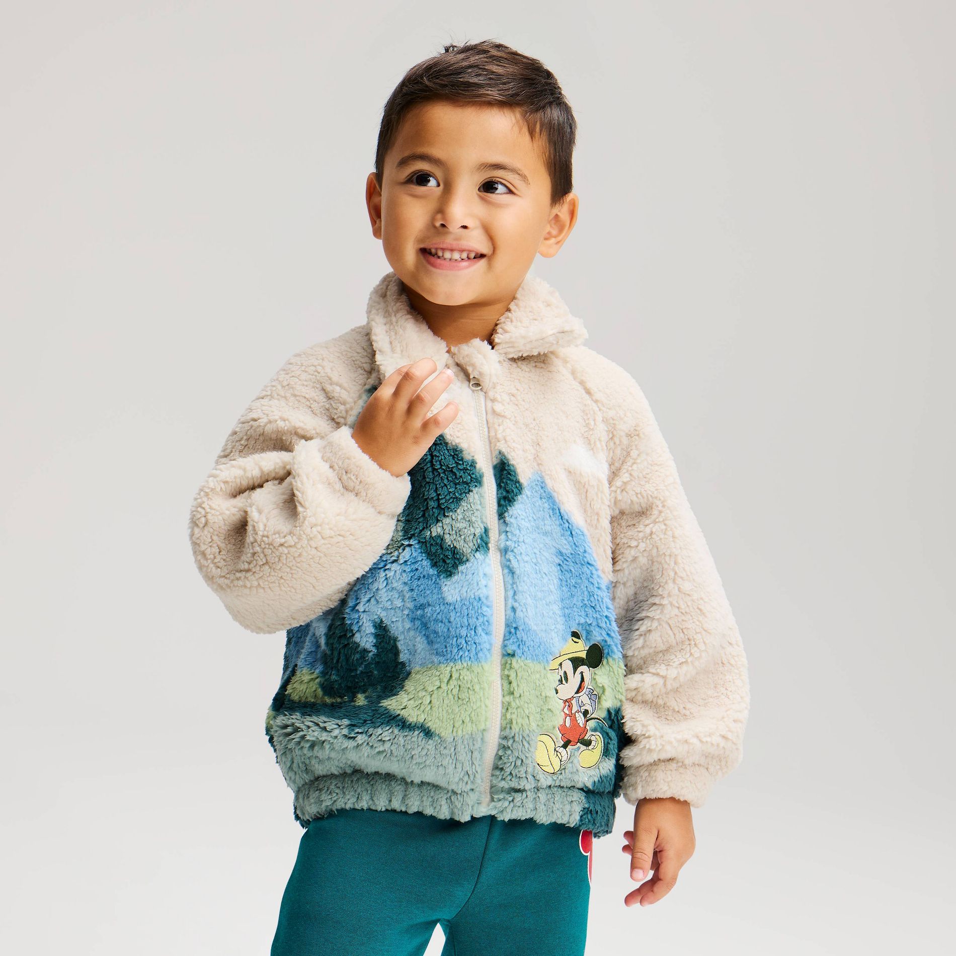 Toddler Boys' Disney Mickey Mouse Mountains Cozy Zip-Up Sweatshirt - Cream/Green