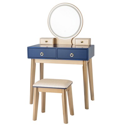 Tangkula Vanity Table Set 3 Color LED Light Touch Screen Mirror w/ Stool Black/Navy