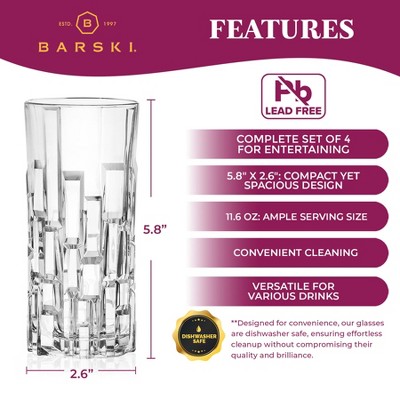 European Crafted Clear Glass Highball Tumblers Set of 4