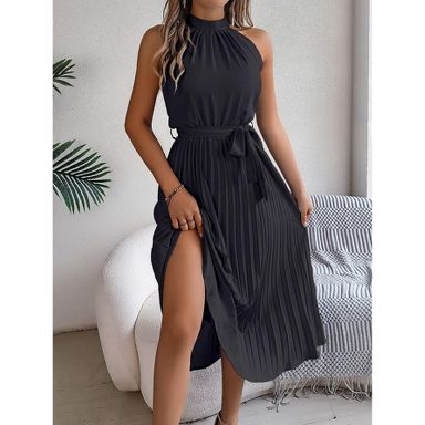 Women's Summer Sleeveless Halter Neck Pleated Midi Cocktail Dresses A Line  Flowy Beach Sun Dress with Belt Black S : Target