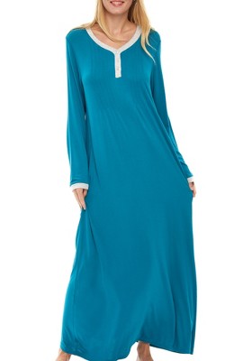 ADR Women's Nightshirt, Soft Knit Nightgown Long Sleep Shirt Full Length Henley Pajama Top with Pockets