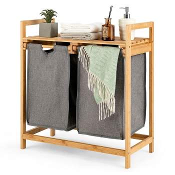 Costway Bamboo Laundry Hamper w/Dual Compartments Laundry Sorter w/Sliding Bags & Shelf