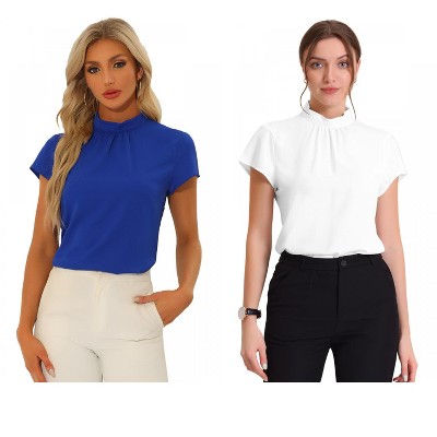 Allegra K Women's Mock Neck Pleated Elegant Office Solid Cap Sleeve Blouse 2 Packs