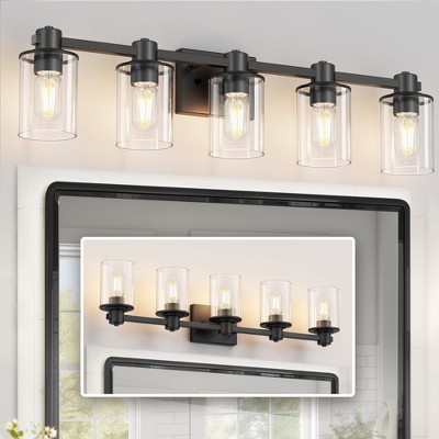 YANSUN 32 in. 5-Light Black Metal Vanity Light with Clear Glass Shade and No Bulbs Included
