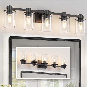 YANSUN 32 in. 5-Light Black Metal Vanity Light with Clear Glass Shade and No Bulbs Included - 1 of 1