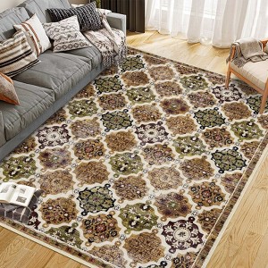 Vintage Oriental Rhombus Printed Distressed Rug Washable Thin Low Pile Area Rugs for Living Room Indoor Retro Non Slip Soft Carpet for Bedroom - 1 of 4