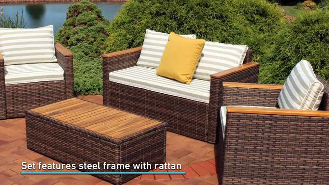 Sunnydaze Outdoor Rattan and Acacia Wood Kenmare Patio Conversation Furniture Set with Loveseat, Chairs, Table, and Seat Cushions - Green Stripe - 4pc, 2 of 13, play video