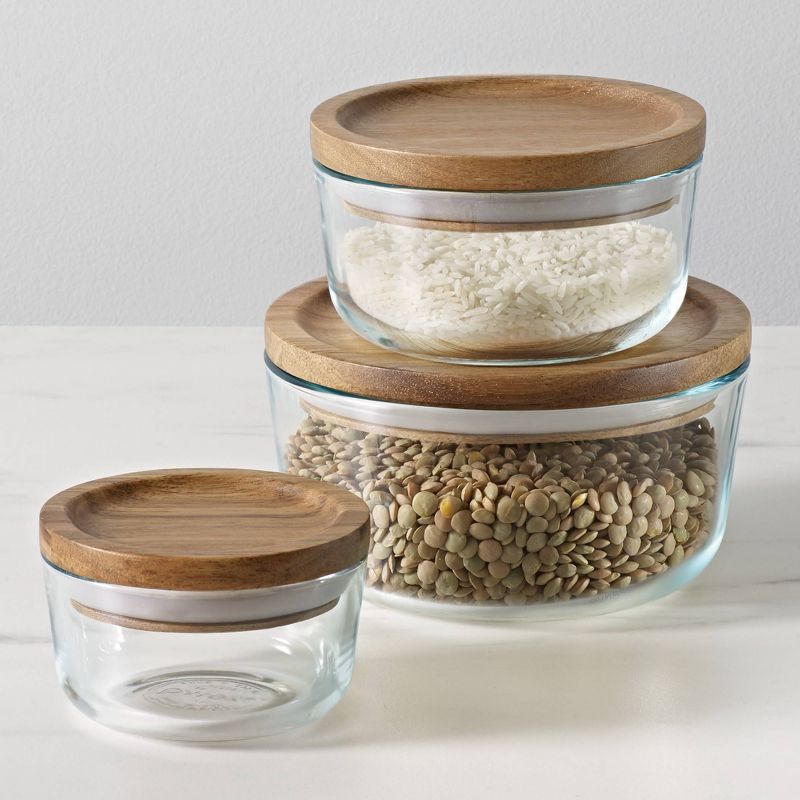 Pyrex 6pc Glass Round Food Storage Container Set with Wooden Lids, 3 of 9