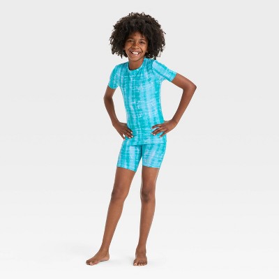 Girls' 2pc Short Sleeve Tight Fit Rib-Knit Pajama Set - Cat & Jack™ Blue 6: Tie Dye Design, Recycled Polyester