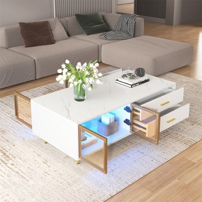 Modern Coffee Table with Storage, 47" Rectangle Accent Center Table, Wooden TV Stand with Drawers and Glass Doors for Living Room Bedroom Office