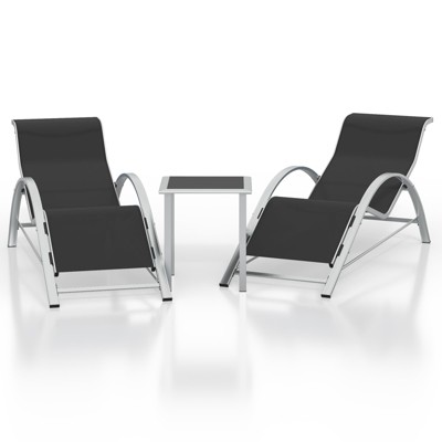 Aluminum Patio Furniture Set of 2 Lounge Chairs + Table - Modern Outdoor Recliners with Textilene Fabric (Black)
