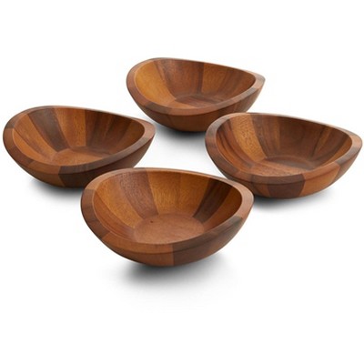 Nambe Braid Acacia Wood Salad Bowls, Set of 4, Individual Vegetable Prep Bowls, Serve Condiments, Dip, Sauce, Nuts, Olive, Salsa,