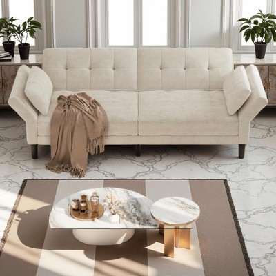 89" Contemporary Futon Couch Bed, Mid Century Upholstered Futon Sofa, Fabric Sleeper Sofa with Adjustable Backrest & Armrest